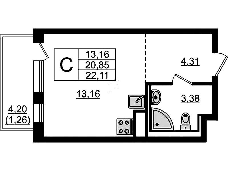 Квартира студия 22.11 м², 10/12 эт., ЖК «Новые Лаврики»